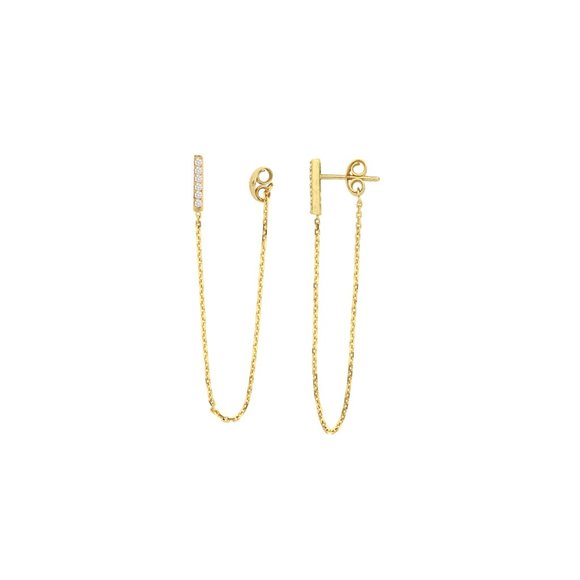 14K Solid Gold Staple CZ Stud Chain Earrings